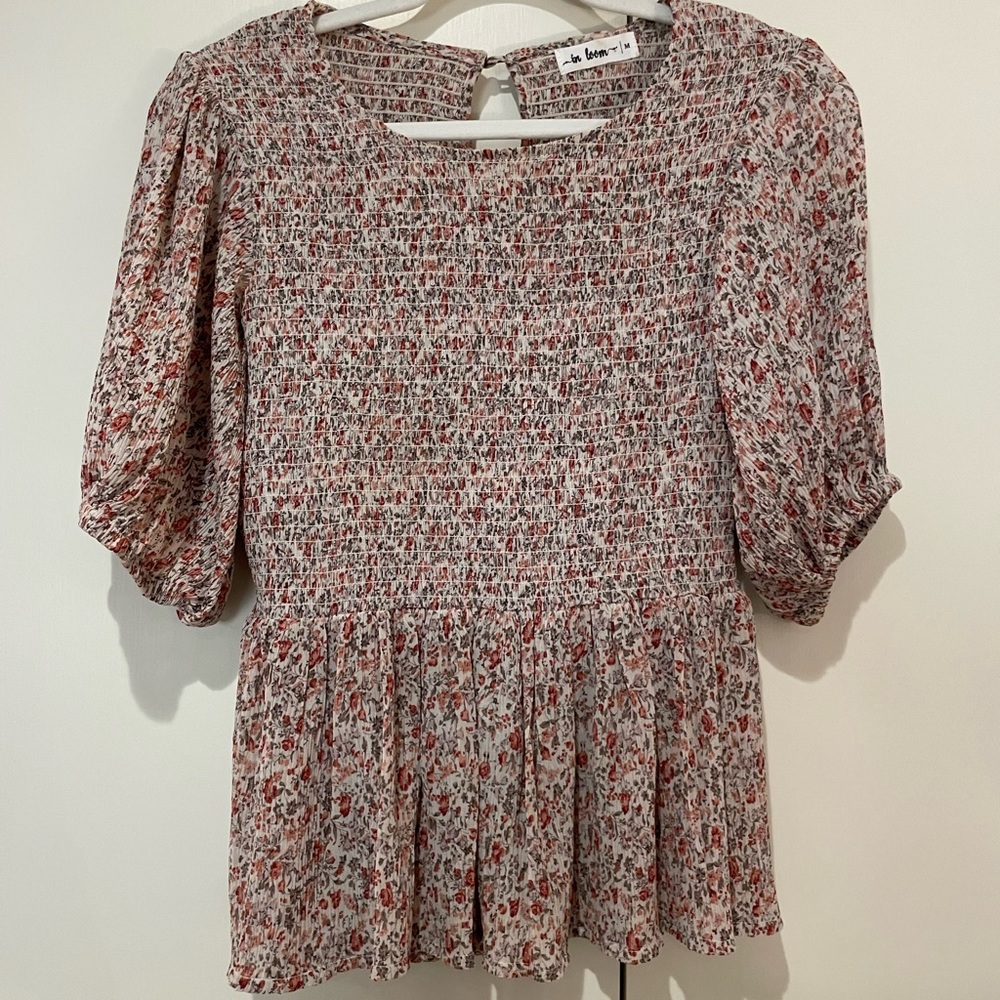In Bloom, smocked floral print top.